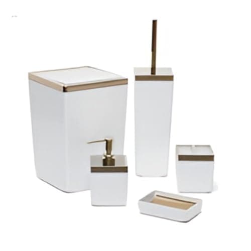 Bath Accessories Set, 5 Pcs Acrylic Bathroom Set (Toothbrush Holder Cup, Trash Can 6 Liters, Lotion Soap Dispenser (440 Ml), Soap Dish, Toilet Brush) Golden Ring (White) Bathroom container set