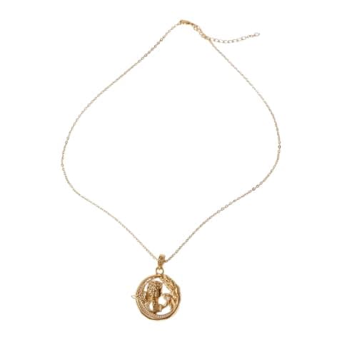 Gold Tone Round Coin Necklace Thin Chain With Carved Woman Pendant -Mg_cg10042