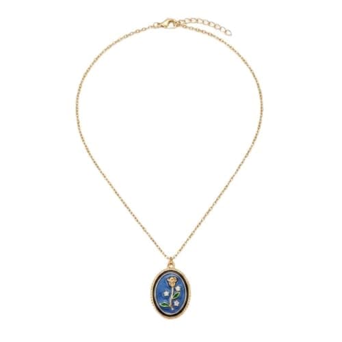 Oval Pendant Necklace, Gold And Blue, Enamel Rose Design, Gold Tone Chain With Lobster Closure-Mg_st10001 Blue
