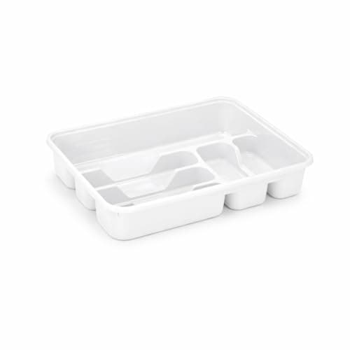 Dunya Large Plastic Cutlery Tray for Kitchen Drawer - Deep Multi-Compartment Utensil and Silverware Organizer, Spoon, Fork and Knife Holder, Easy to Clean, 38.6 × 31.2 × 7 cm (White) Caddy