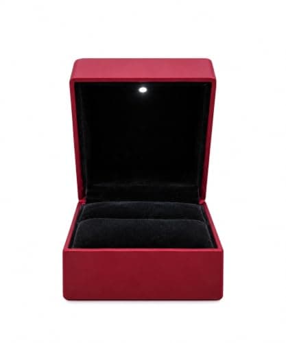 Red Ring Box with LED Light, Black Velvet Interior | Built-In LED Spotlight, Velvet Cushion Insert, Proposal Ring Box, Matte Red Exterior, Compact & Portable Jewelry storage