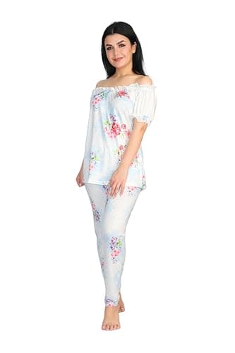 Women's Short Sleeve Pyjama Set, Polyester, Colorful Floral & Blue Pajamas