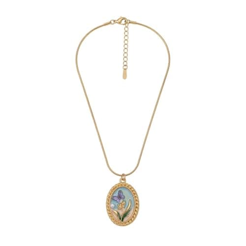 Gold Oval Necklace With Blue Enamel Purple Butterfly Flower Pearl Necklace Snake Chain -Mg_st10015