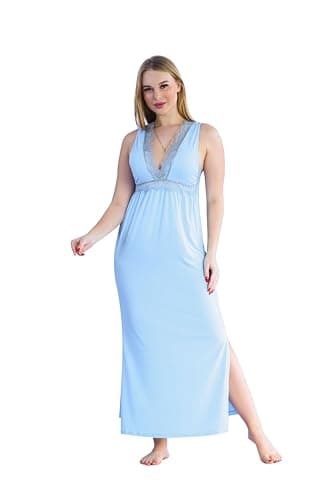 Dadoush Women's Sleeveless V-Neck Lace Detail Long Nightgown with Embroidery Elegant Nightgown for Women Nightgown nightshirt