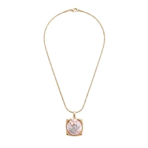 Gold Pendant Necklace, Snake Chain Necklace, Rose Shell Stone Necklace, Flower Design, Elegant Women Jewelry-Mg_st10016