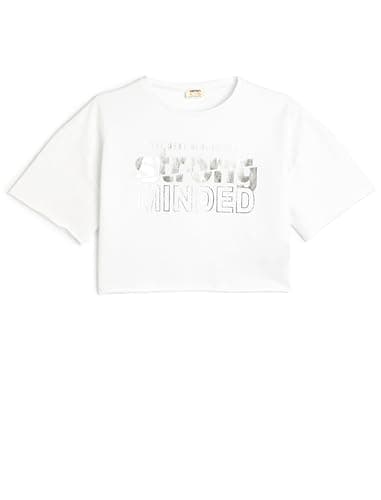 KOTON Girl's Crop Oversized Printed Short Sleeve Crew Neck Tshirt