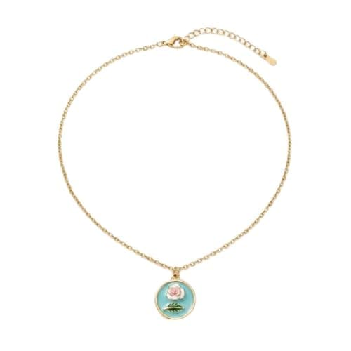 Gold Pendant Necklace Round Turquoise Enamel With Pink Flower, Thin Chain With Lobster Closure-Mg_st10010