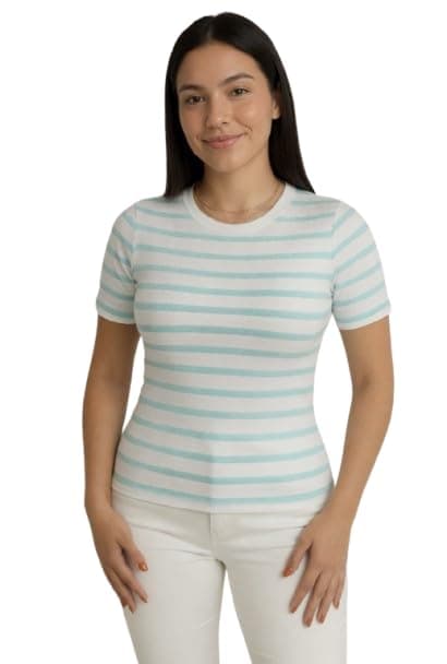 Women's Striped Ribbed Knit T-Shirt, Mint & White one size-62290000999 -