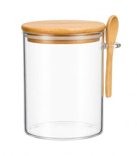 Newhome F100-180S Large Square Double Glass Storage Jar with Wooden Lid and Wooden Spoon, Airtight Glass Container for Coffee, Tea, Sugar, Snacks and Dry Food Storage Home