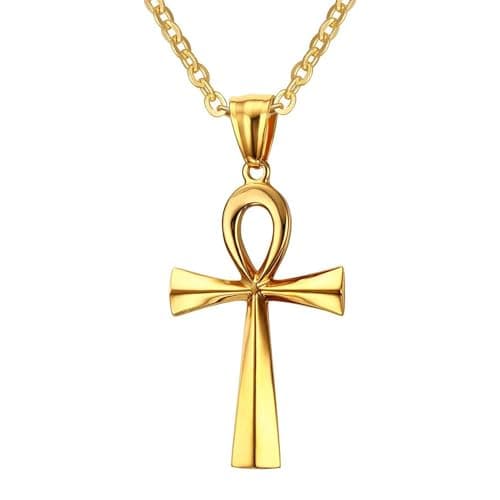 Julia Store 18K Gold Plated Stainless Steel Ancient Egypt Life Key Jewelry Ankh Key Pharaoh Pendant with Chain 50cm Unisex Adult Gift Necklace
