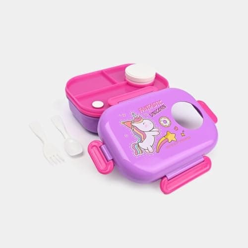 Generic Lunch Box, Made of plastic; includes a spoon and fork, Small sauce container with a secure lid for sauces or fruit, Strong, secure locking clips to keep food fresh,Multicolors, .ri