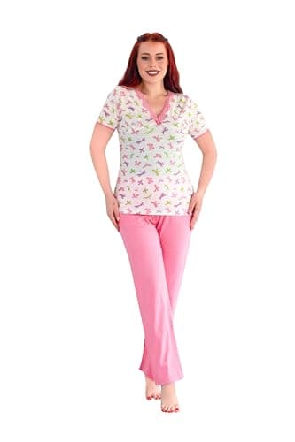 Women's Polyester Cotton Butterfly Print Button Short Sleeve Shirt and Pants Pajama Set Pink Green