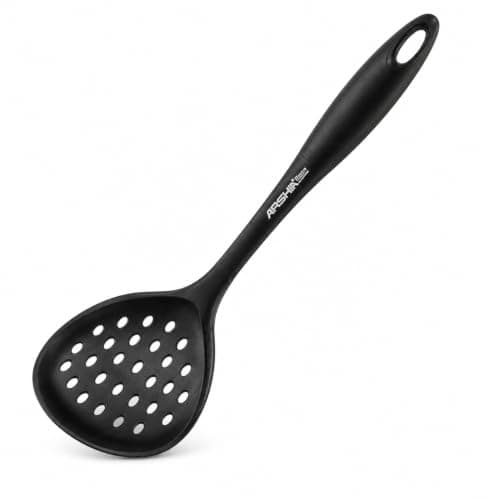 ARSHIA 3581 Black Silicone Skimmer Spoon with Heat-Resistant Non-Scratch Head, Ergonomic Comfortable Handle and Durable Design for Frying, Draining and Everyday Cooking - Black Food strainer