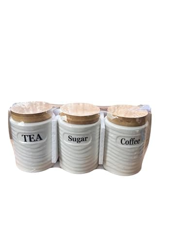 Ceramic Tea, Sugar and Coffee Canister Set of 3, White, with Bamboo Lids and Tray Food storage container