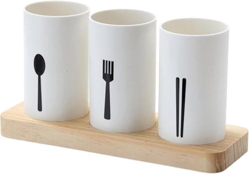 Generic Cutlery Holder with Wooden Base, 3 Compartments, White Plastic, Spoon Fork and Chopstick Organiser, 25 x 13 cm, .ar