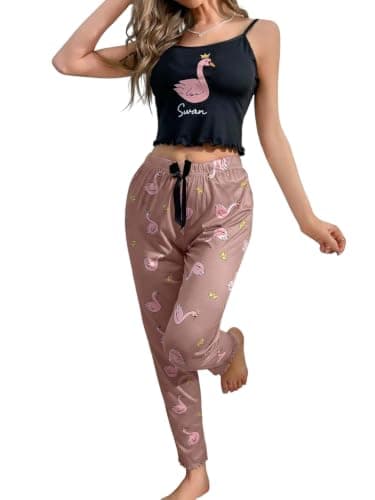 NF22-755 Swan Print Camisole Sleepwear with Pants | Spaghetti Straps, Satin Waistband, Ruffle Hems, Swan and Tiara, Home Use Pajamas