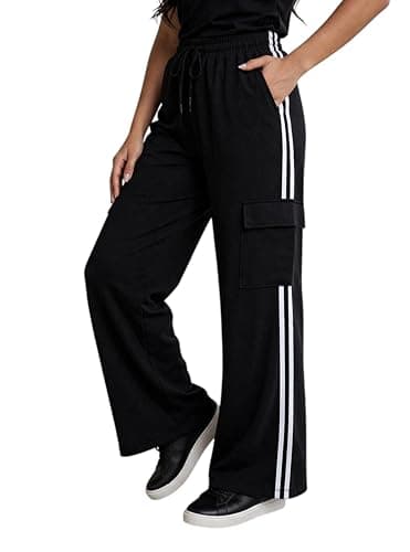 Miza Women's Wide Leg Cargo Pants, Black, Diving, Side Pocket and Side Stripes, Comfortable for Outing and Gym