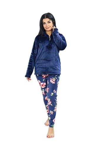 Women's Velvet Pajama Set Luxury Floral Hoodie and Pants - Navy Blue & Black
