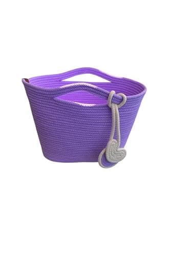 Cotton Rope Beach Bag, Purple, Woven Tote with Handles and Heart Charm Detail