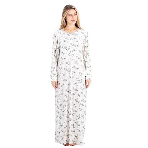 Summer Maxi Abaya | White Cotton Long Nightgown with Floral Print & Long Sleeves | Elegant & Lightweight Dress | Ultimate Comfort Women's Homewear Nightgown nightshirt