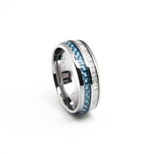 Silver Tungsten Carbide Ring inlaid with blue carbon fiber and artificial meteorites A130