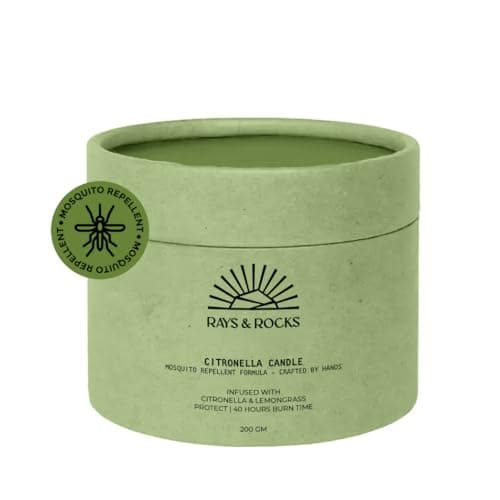 Rays & Rocks Natural Citronella Soy Wax Candle, Mosquito Repellent with Lemongrass, Lavender & Rosemary Essential Oils, Natural Insect Protection, Hand-Poured, 200g