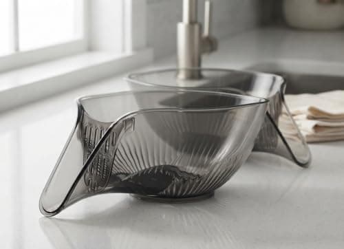 Deep Acrylic Kitchen Bowl with Built-in Strainer and Drainage Spout Ergonomic Handle for Washing Vegetables Fruits Pasta and Salads Clear Durable