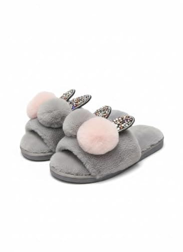 Women Gray College Style Round Toe Plain Fun Plush Novelty Slippers