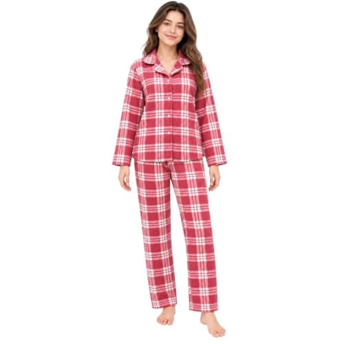 Winter Cable Pajamas for Women and Men Plaid Soft Fur – Matching Couple Pajama Set with Long Sleeve Collar Button Front – Warm and Cozy Home Wear for Sleeping and Relaxing
