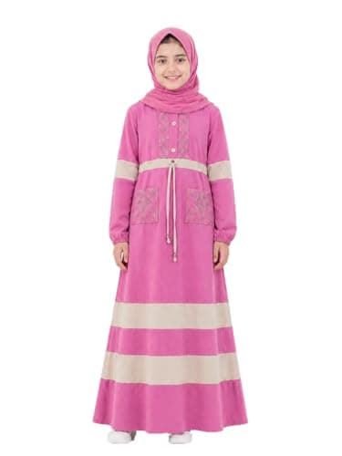 Girls' ISDAL Maxi Dress, with Beige Stripes, Embroidered Detail, Drawstring Waist, Long Sleeve - Kashmir