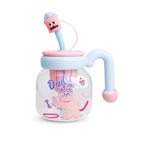 Water Bottle 860 ml, Glass Bottle with Straw and Handle, Leakproof Reusable Strainer Cup with BPA-Free Lid for Water, Juice, Milk and Iced Tea, GG-2533 (Light sky blue & pastel pink)