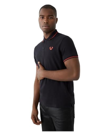 True Religion Men's Crafted with Pride Polo Shirt, Black With Red Piping, XXL