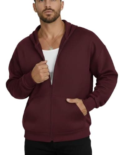 Men's Full Zip-Up Hoodie, Burgundy, Long Sleeve, Casual Sweatshirt with Pockets