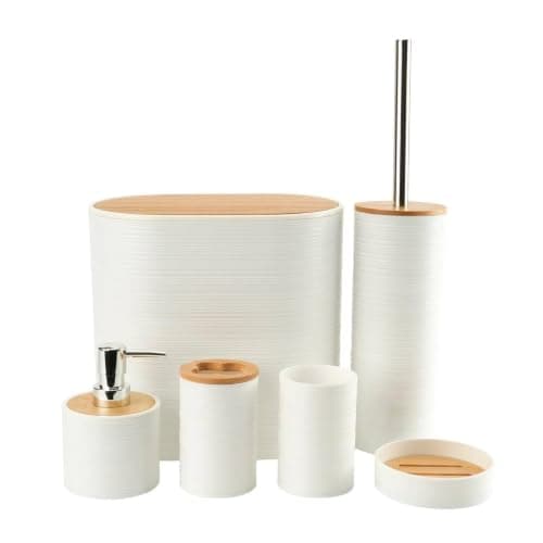 Plastic and Wood 6 Piece Bathroom Set - Complete Set for Organizing and Preparing Bathroom Essentials and Daily Uses - Practical Design for Home - AM, White