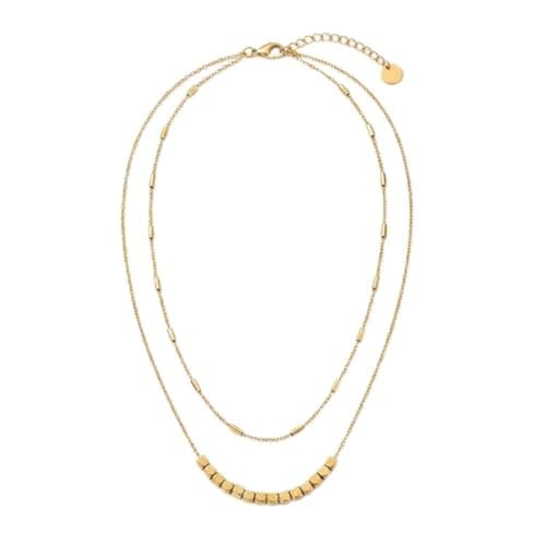 Gold-Tone Double Layered Chain Necklace, Beaded Bar Station Style, Adjustable Lobster Clasp-Mg_st10035