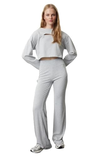 Trendyol Woman Gray Melange Wide Leg High Waist Interlock Elastic Knitted Trousers TWOAW25PL00006 Trousers