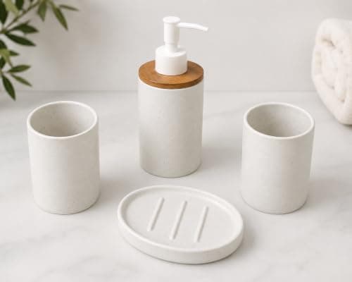 طقم إكسسوارات حمام 4 قطع – كوبان لفرش الأسنان وقالب صابون وعبوة للصابون السائل NE Bathroom container set