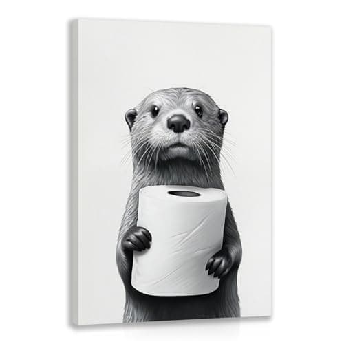 IAFWZX Wrapped Canvas Black White Funny Otter Bathroom Wall Art 12x16 in | Otter Holding Toilet Paper Wall Art, Playful Whimsical Animal Art Print, Humor Otter Gift for Restroom and Powder Room