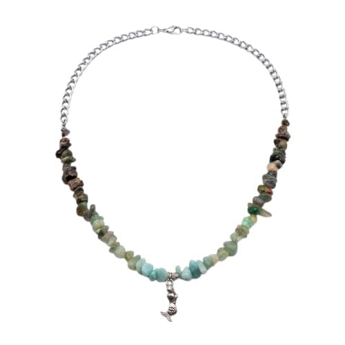 Natural Stone Beads Necklace Green Brown With Silver Chain Mermaid Pendant For Women-Mg_bd10002