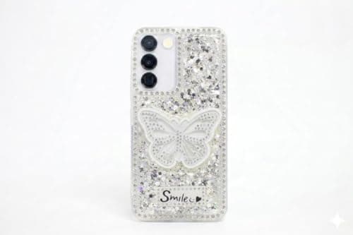 Butterfly Crystal For (Samsung S22) Protective Case Glittery Back Cover Rhinestone Frame For Girls Shockproof Protection For Girls (White) Cellular phone case