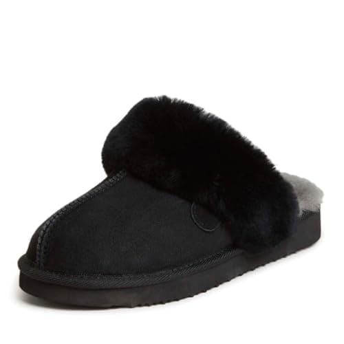 Dearfoams Women's Fireside Sydney Shearling Fur Indoor/Outdoor Scuff Slipper with Wide Widths, Black, 8