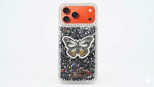 Butterfly Crystal For (iphone 17 Pro Max) Protective Case Glittery Back Cover Rhinestone Frame For Girls Shockproof Protection For Girls (Black) Cellular phone case