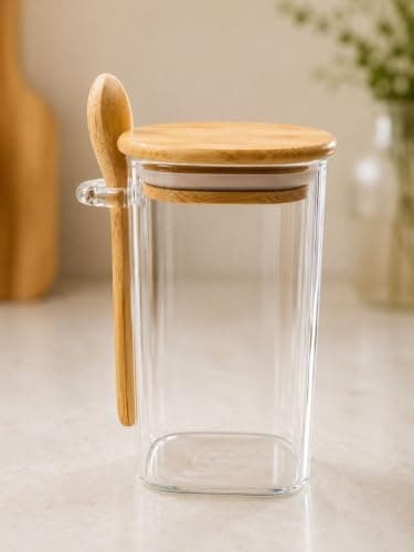 Generic Square glass jar with a spoon, Airtight seal, Wooden spoon and bamboo wood lid, Imported product, 270ml, .em