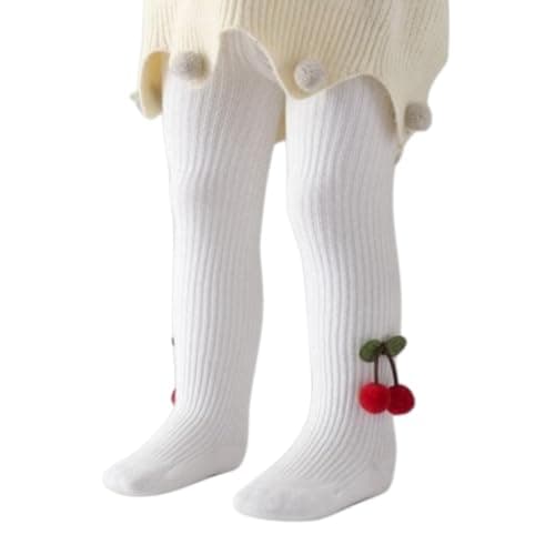 Girls Ribbed Tights with 3D Cherry Pom Pom Detail, White (8years) | Knee High Length, Toddler Girls, Ribbed Knit, Novelty Cherry Decor, Soft Stretchy Fabric
