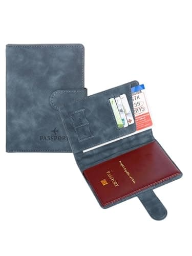 Passport Case, Skimming Prevention, Card Storage, Men, Women, Holder, Travel Wallet, Anti-Skimming, For Safe Overseas Travel, Premium PU Leather Passport Cover (Blue)