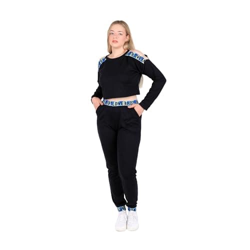 Women Cold Shoulder Sports Set Black Grey Love Crop Top with Jogger Pants