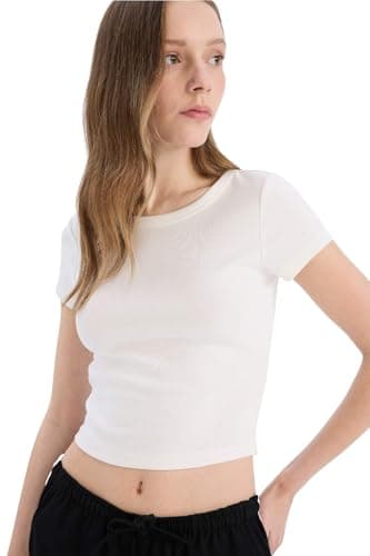 DeFacto Woman Coool Fitted Knitted Short Sleeve T-Shirt,Off White XL Decorative signage