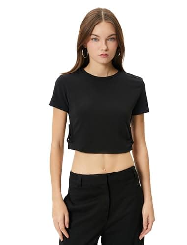 KOTON Womens Crop T-Shirt Cut Out Detail Short Sleeve Crew Neck Cotton Classic (pack of 1)