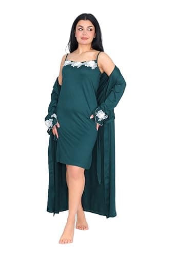 Women 2 Piece Viscose Nightgown Elegant White Lace Camisole Summer Nightgown Full Cover Jacket - Women's Summer Robe 2 Piece Complementary Nightgown nightshirt
