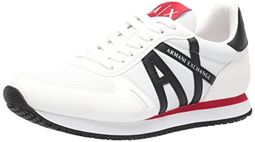 AX Armani Exchange Men's Lace Up Logo Sneaker, Optical White + Black, 9 Shoes